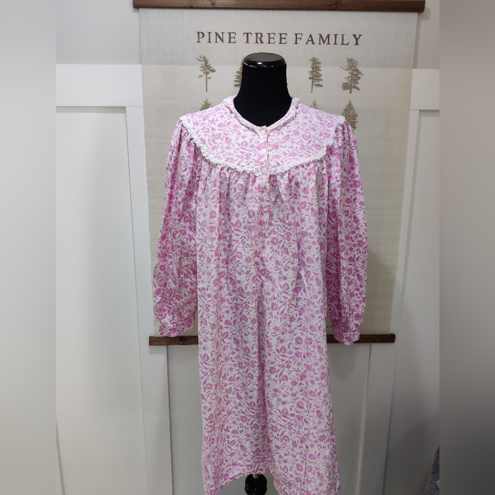 Fair Set Pink Floral Cotton Nightgown Lace Trim Long Sleeve - Medium